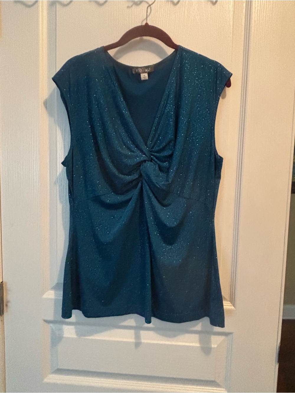 Roz & Ali Teal Shimmering Twist-Front Sleeveless Top